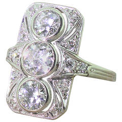 Art Deco 2.76 Carat Old Cut Diamond Gold Plaque Ring