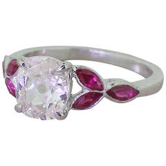 1.53 Carat Old Cut Diamond Ruby Leaf Engagement Ring