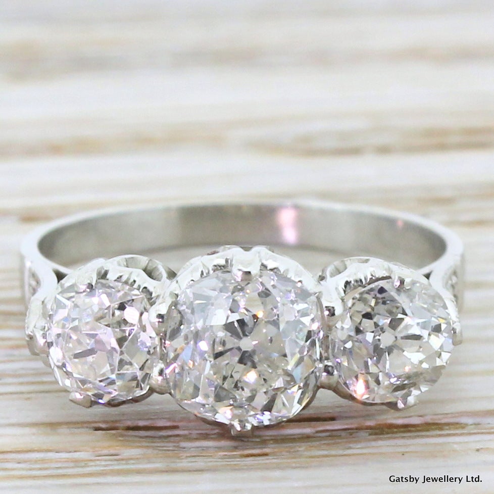 Art Deco 2.62 Carat Old Mine Cut Diamond Platinum Trilogy Ring