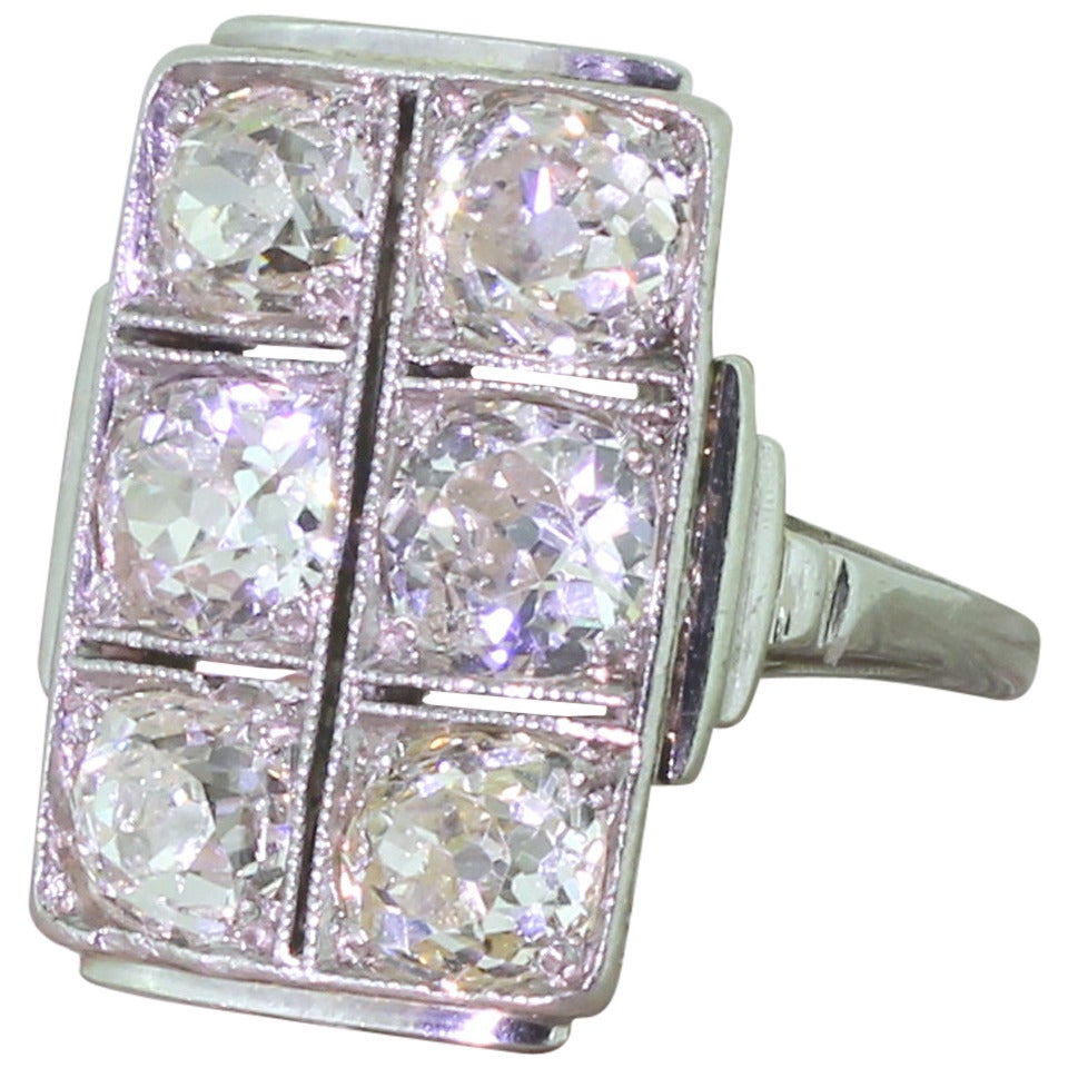Art Deco 3.30 Carat Old Cut Diamond Gold Plaque Ring For Sale