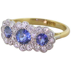 Sapphire Old Cut Diamond Gold Triple Flower Cluster Ring