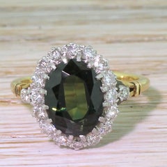 Art Deco 3.38 Carat Green Sapphire and Diamond Coronet Cluster Ring