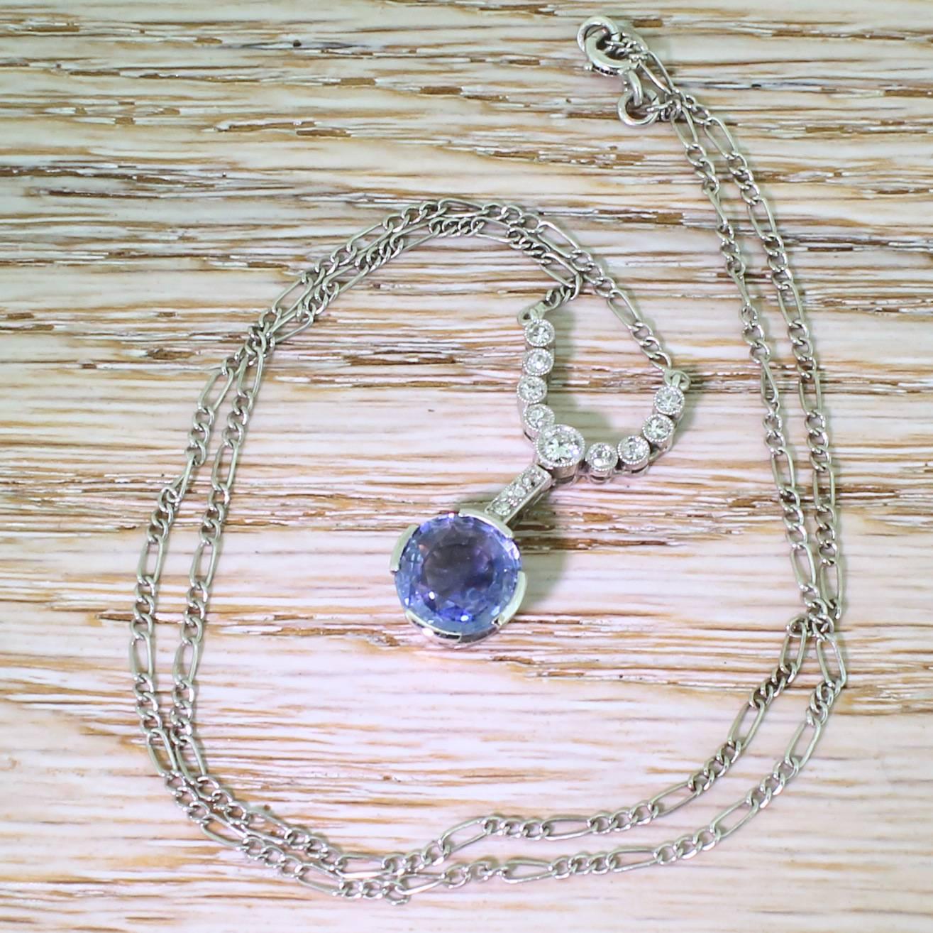 Art Deco 3.15 Carat Sapphire and Old Cut Diamond Necklace, circa 1915 In Excellent Condition For Sale In Theydon Bois, Essex