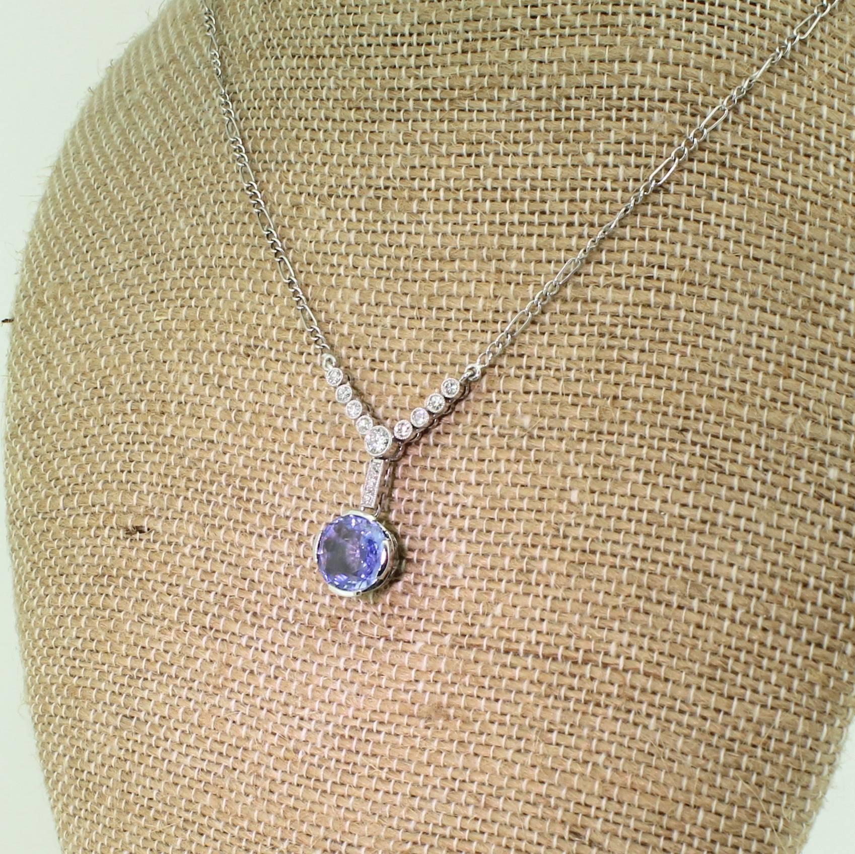 Round Cut Art Deco 3.15 Carat Sapphire and Old Cut Diamond Necklace, circa 1915 For Sale