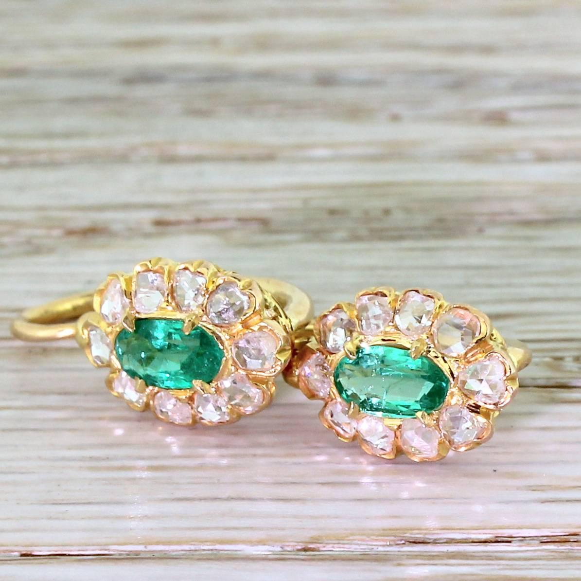 Marquise Cut Edwardian Emerald and Rose Cut Diamond Marquise Cluster Earrings For Sale