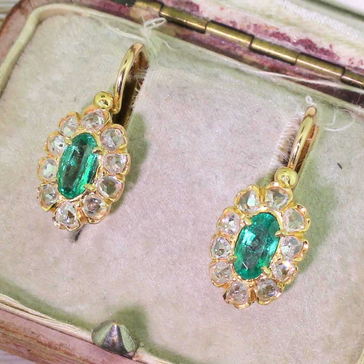 Edwardian Emerald and Rose Cut Diamond Marquise Cluster Earrings For Sale 2