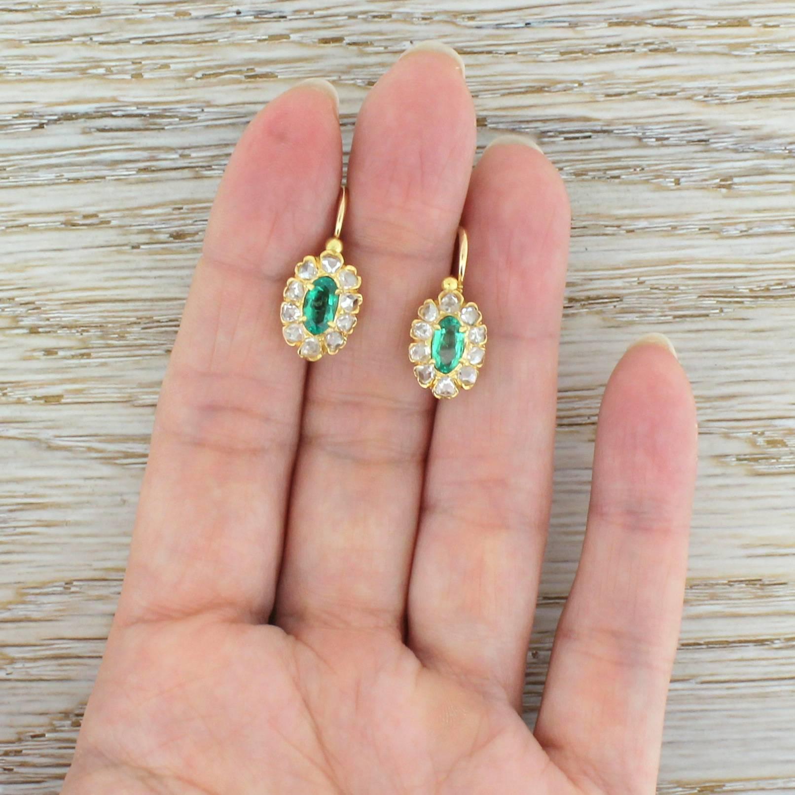 Women's Edwardian Emerald and Rose Cut Diamond Marquise Cluster Earrings For Sale