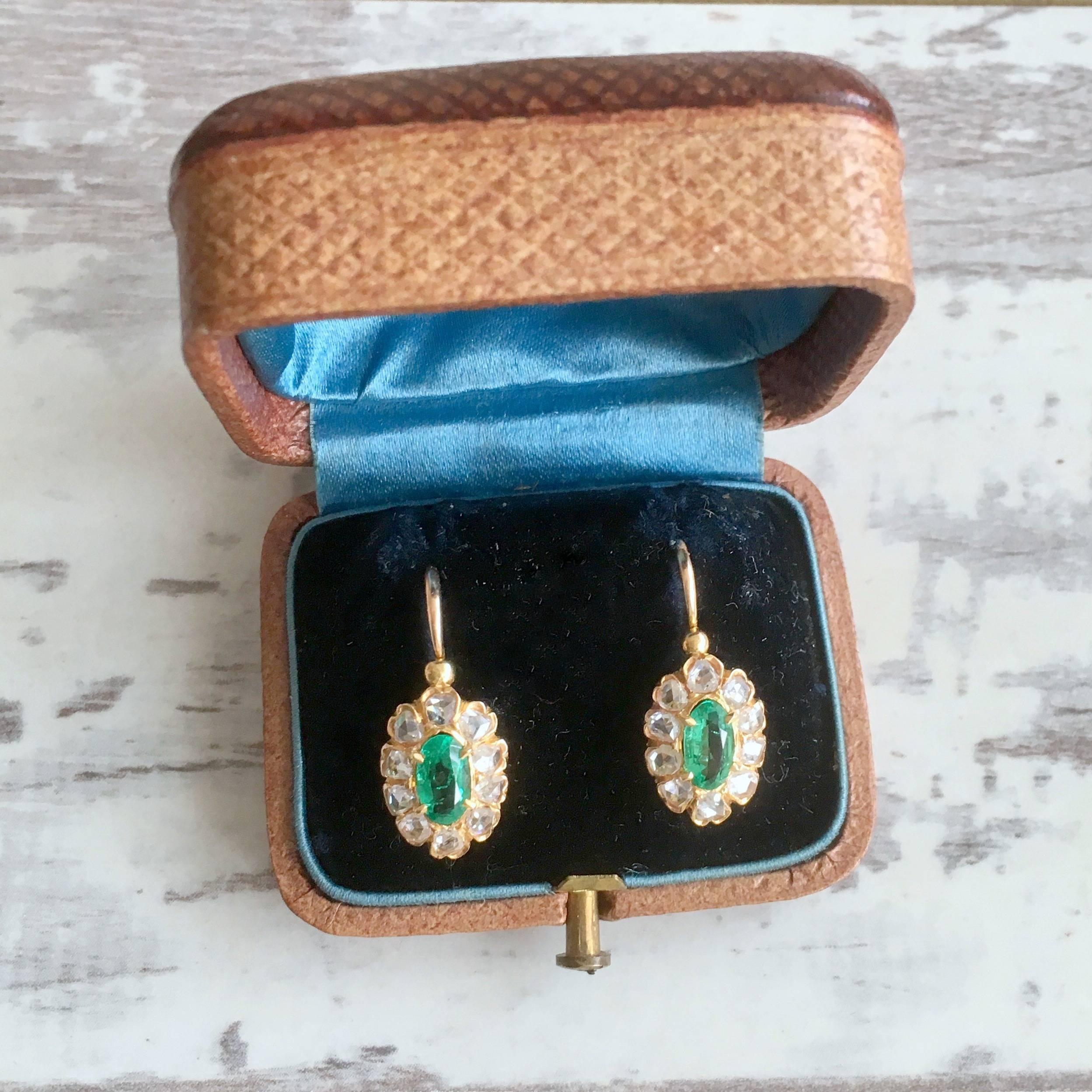 Edwardian Emerald and Rose Cut Diamond Marquise Cluster Earrings For Sale 1