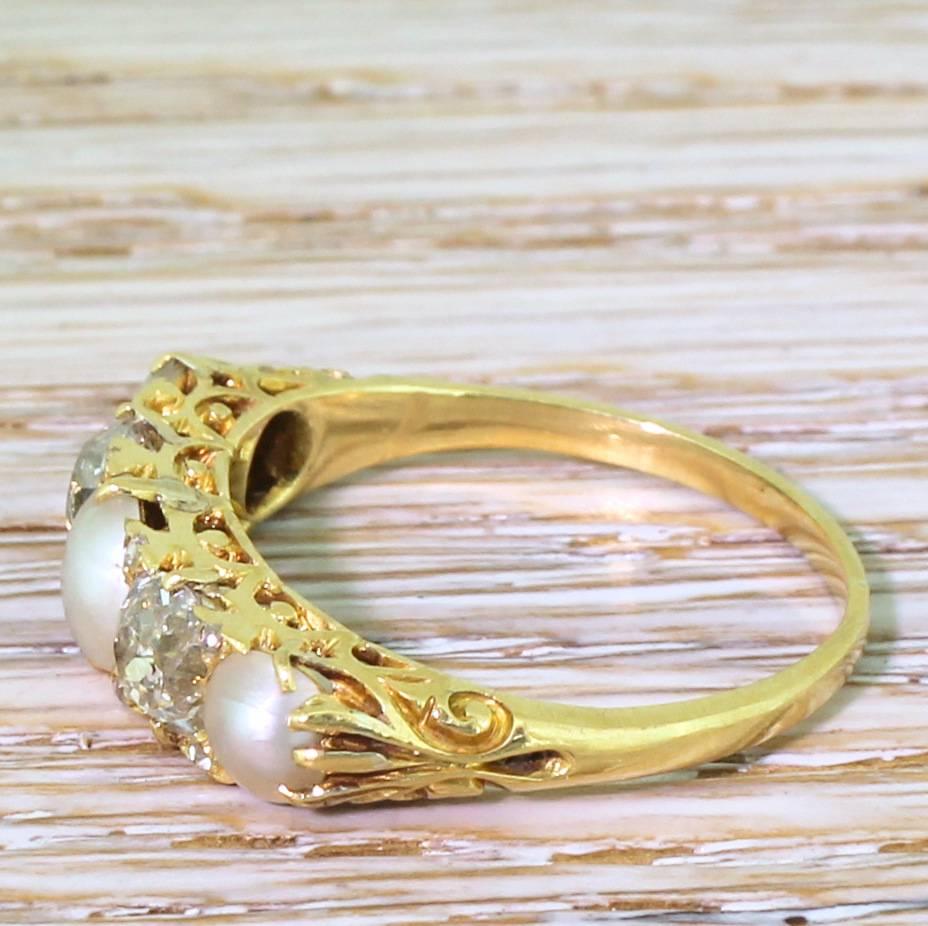 Old Mine Cut Victorian Pearl and Old Cut Diamond Carved Half Hoop Ring For Sale