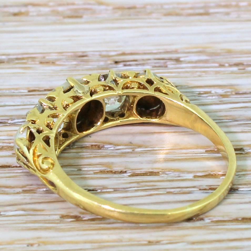 Victorian Pearl and Old Cut Diamond Carved Half Hoop Ring In Excellent Condition For Sale In Theydon Bois, Essex