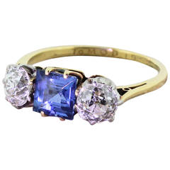 Art Deco 0.90 Carat Sapphire and 1.20 Carat Old Cut Diamond Trilogy Ring