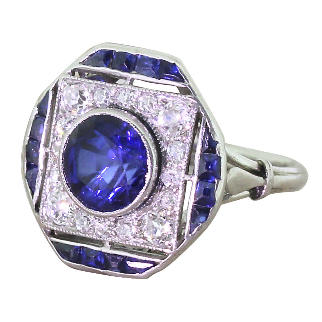 Art Deco Sapphire and Old Cut Diamond Platinum Plaque Ring at 1stDibs