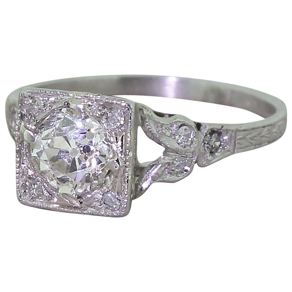 Art Deco 0.85 Carat Old Cut Diamond Platinum Box Set Engagement Ring