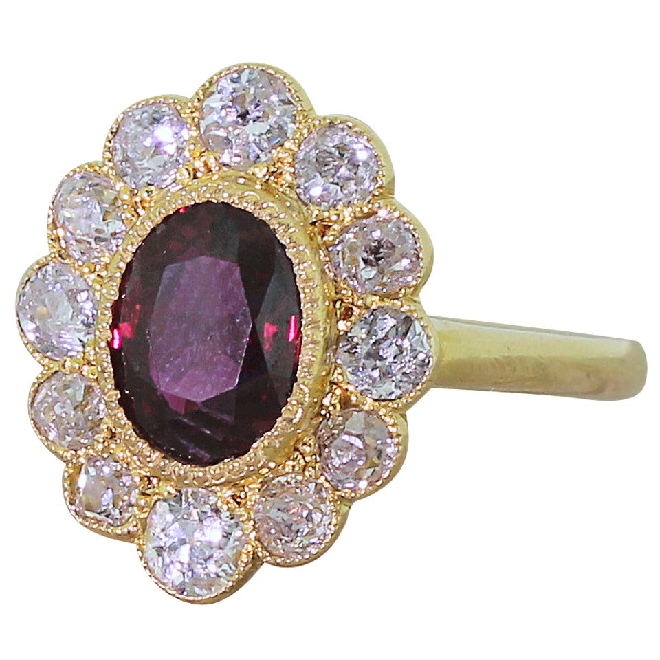 1.64 Carat Ruby Old Cut Diamond Gold Cluster Ring