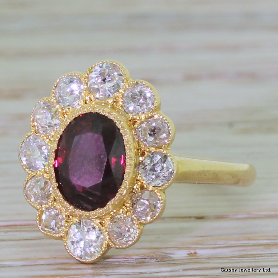 1.64 Carat Ruby Old Cut Diamond Gold Cluster Ring 1