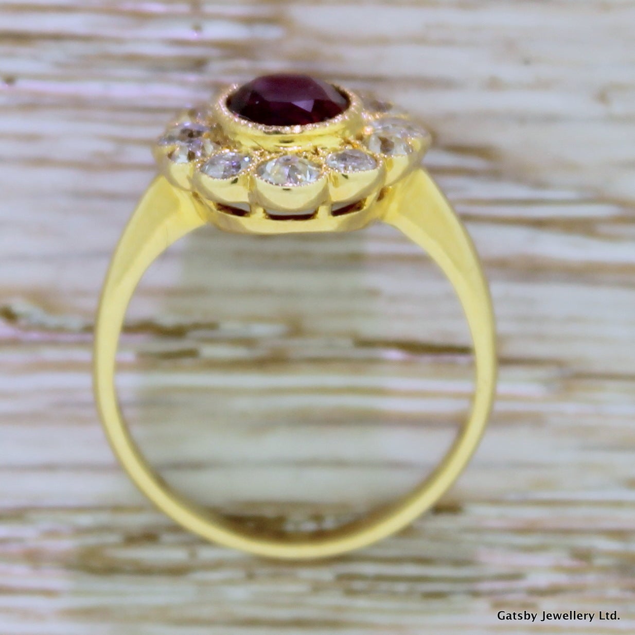 1.64 Carat Ruby Old Cut Diamond Gold Cluster Ring In Excellent Condition In Theydon Bois, Essex