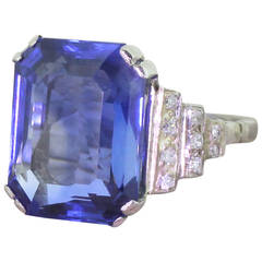 Vintage Art Deco 10.82 Carat Emerald Cut Natural Sapphire Gold Platinum Ring