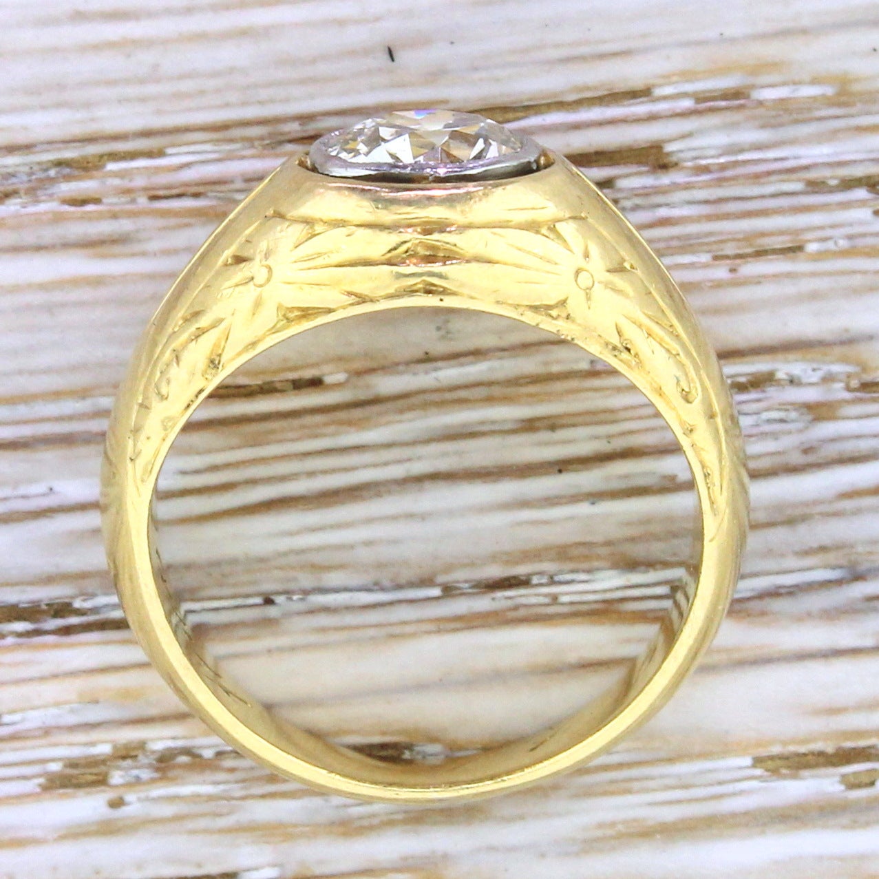 Old European Cut Mid Century 1.09 Carat Old Cut Diamond Gold Ornate Gypsy Ring For Sale