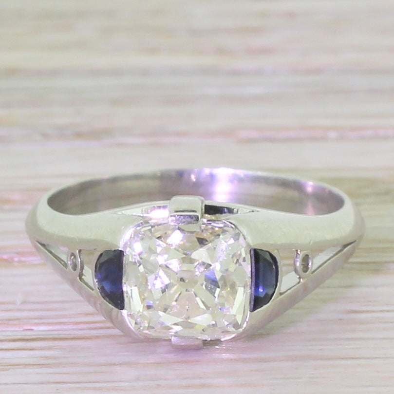 Modernist 2.54 Carat Old Cushion Cut Sapphire Diamond Platinum Engagement Ring