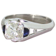 Modernist 2.54 Carat Old Cushion Cut Sapphire Diamond Platinum Engagement Ring