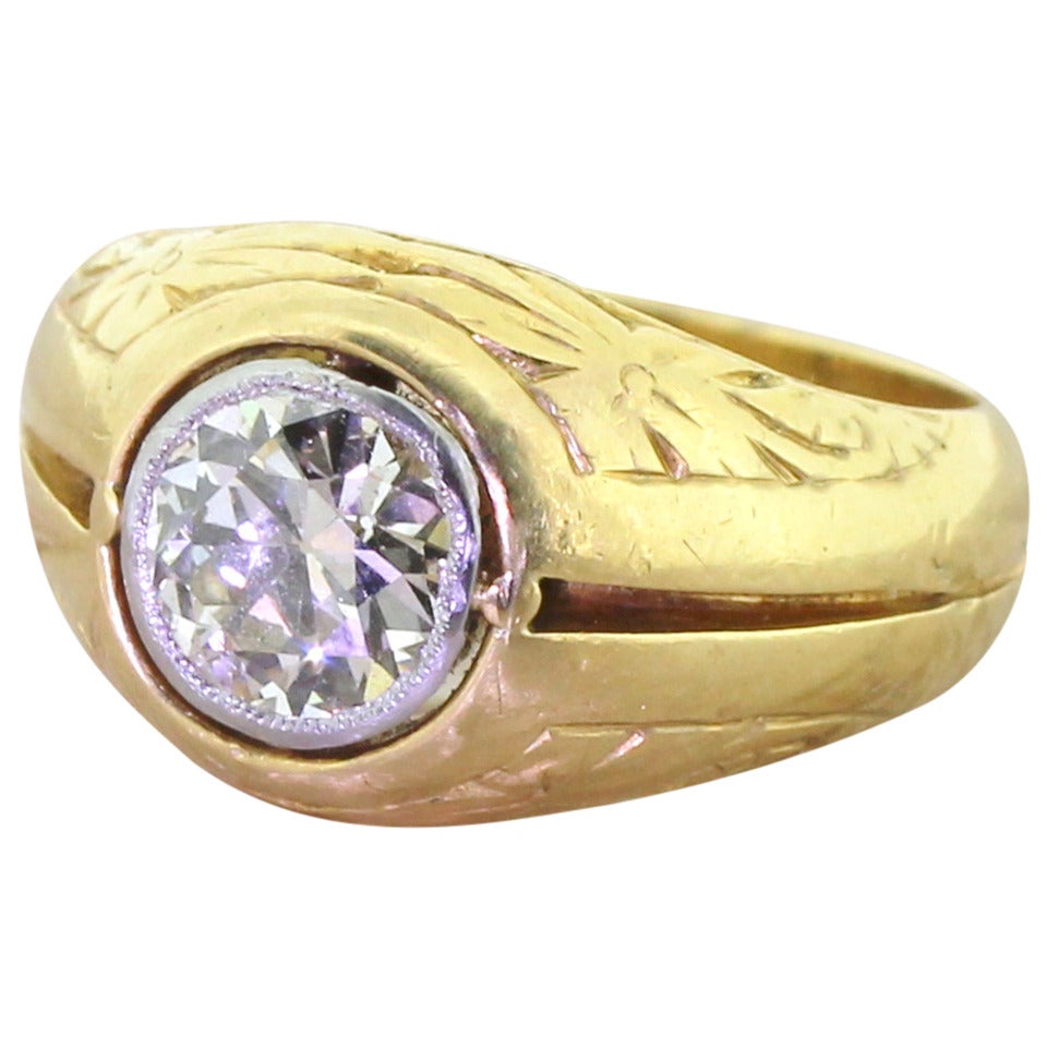Mid Century 1.09 Carat Old Cut Diamond Gold Ornate Gypsy Ring For Sale