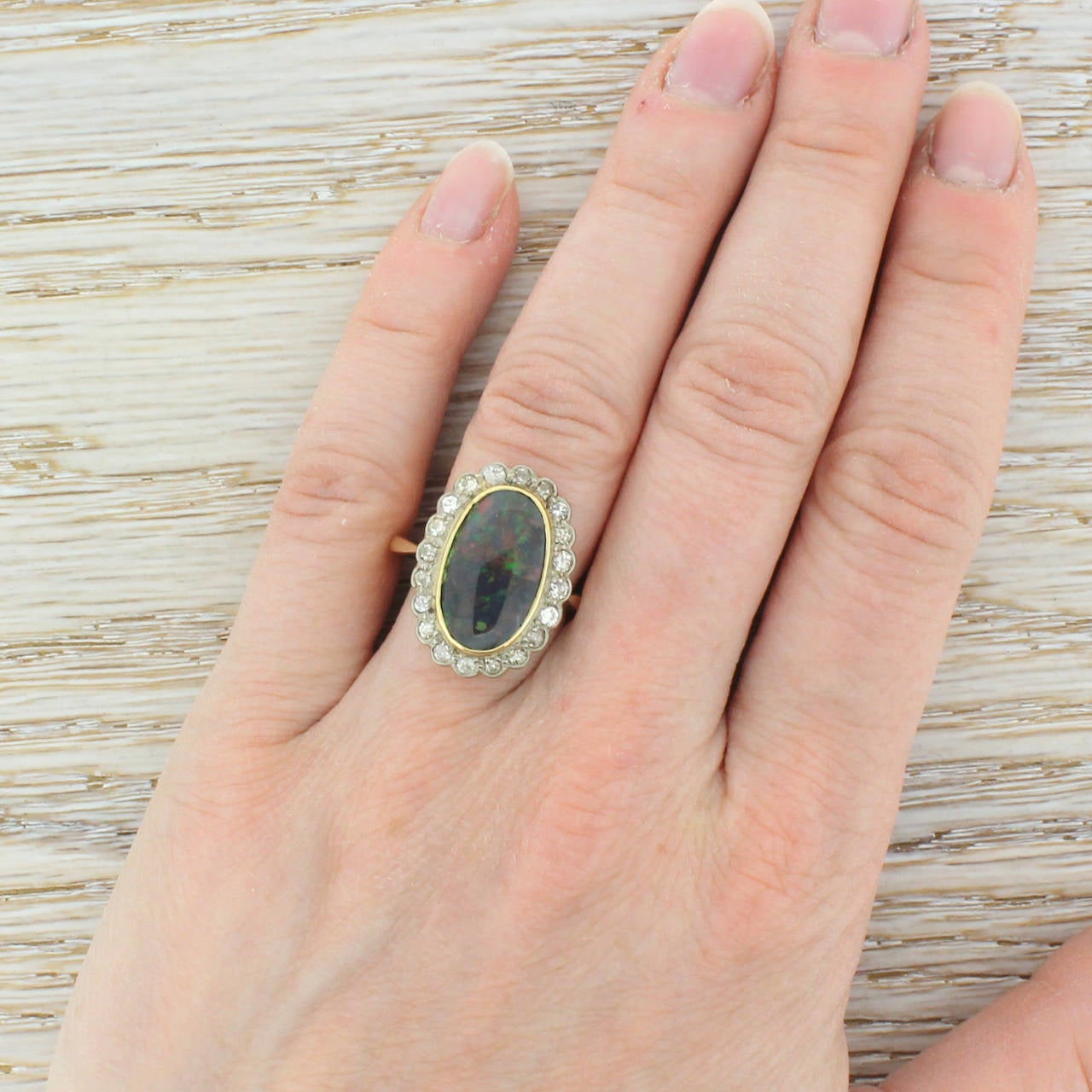 Women's 2.30 Carat Black Opal Old Cut Diamond Platinum Cluster Ring For Sale