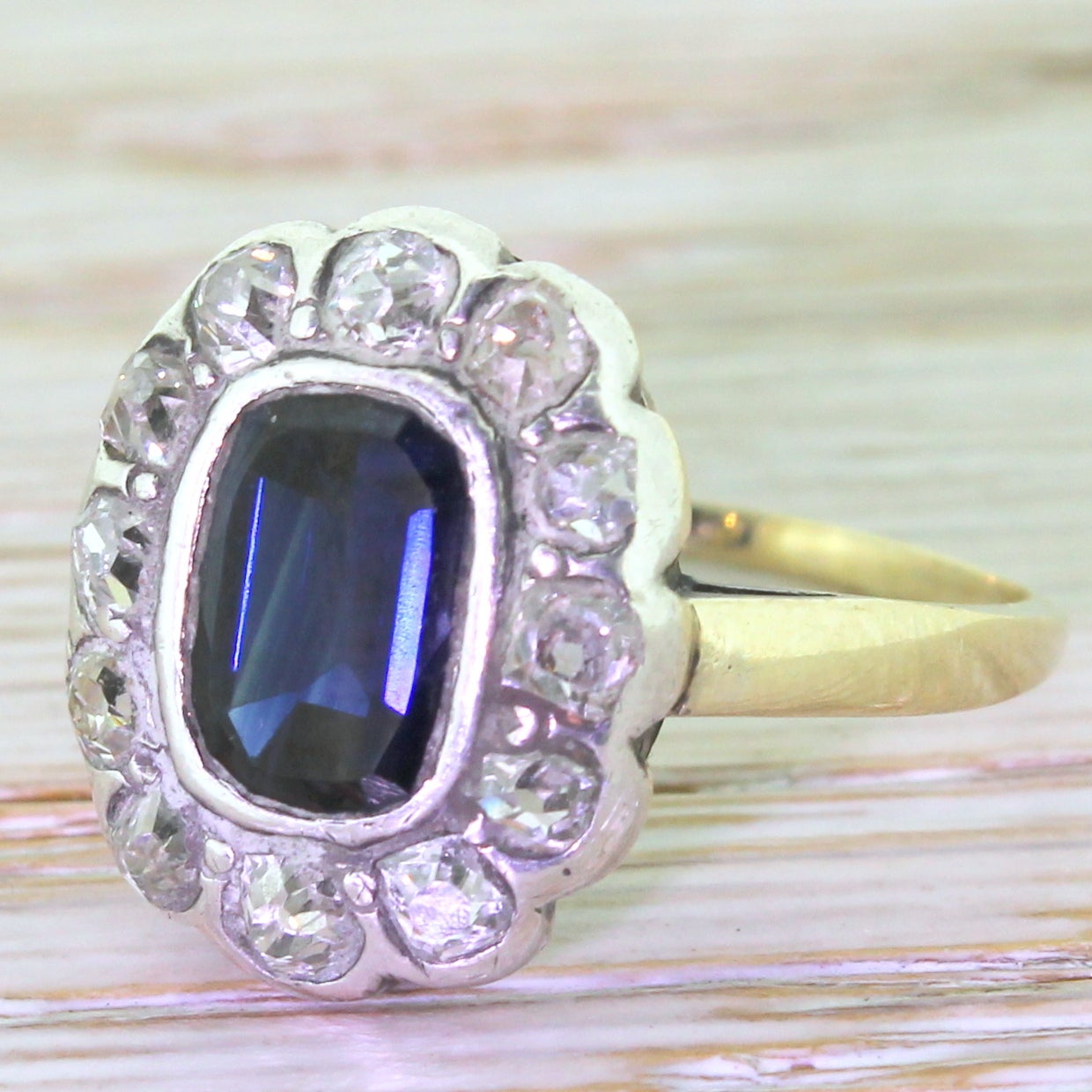 Victorian 1.50 Carat Sapphire Old Cut Diamond Silver Gold Cluster Ring 2