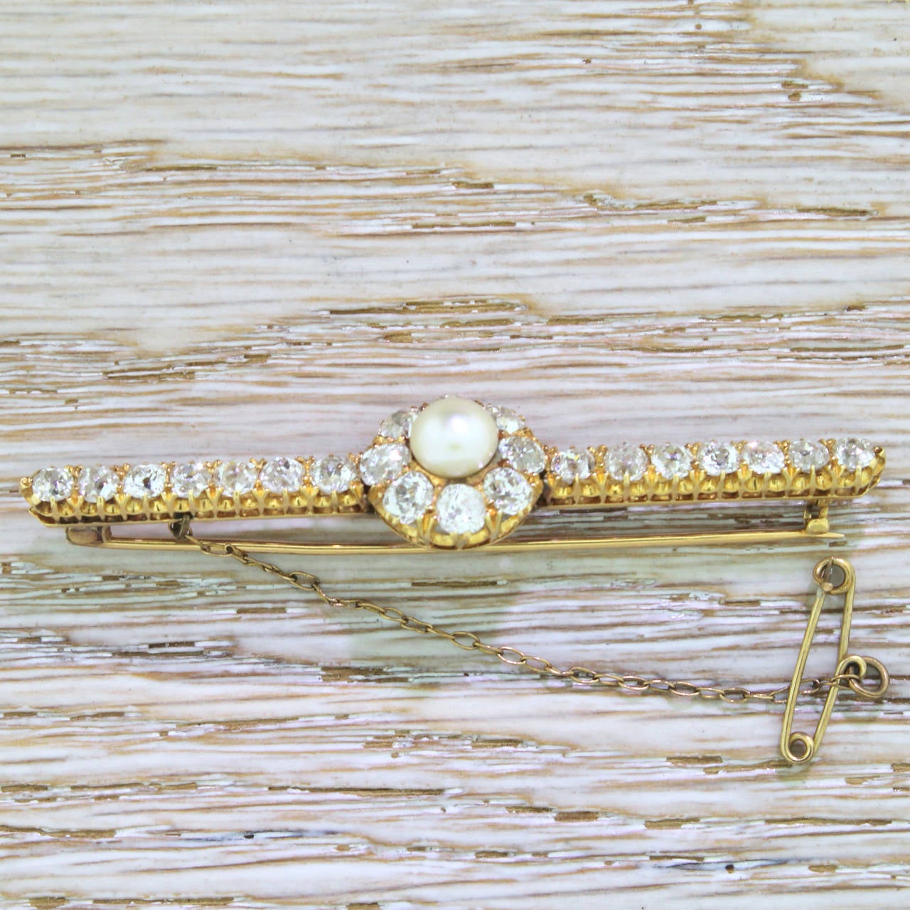 Victorian 4.80 Carat Old Cut Diamond & Natural Pearl Bar Brooch, circa 1890 In Excellent Condition In Theydon Bois, Essex