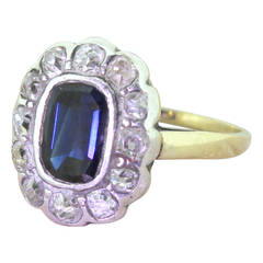 Victorian 1.50 Carat Sapphire Old Cut Diamond Silver Gold Cluster Ring