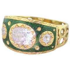 Antique Victorian Enamel 0.90 Carat Old Oval Cut Diamond Band Ring