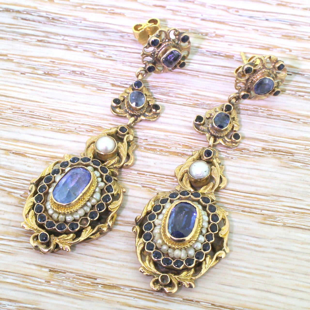 Austro Hungarian Natural Sapphire Pearl Earrings For Sale at 1stDibs