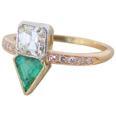 Art Deco Square Step Cut Diamond  Triangle Cut Emerald Ring