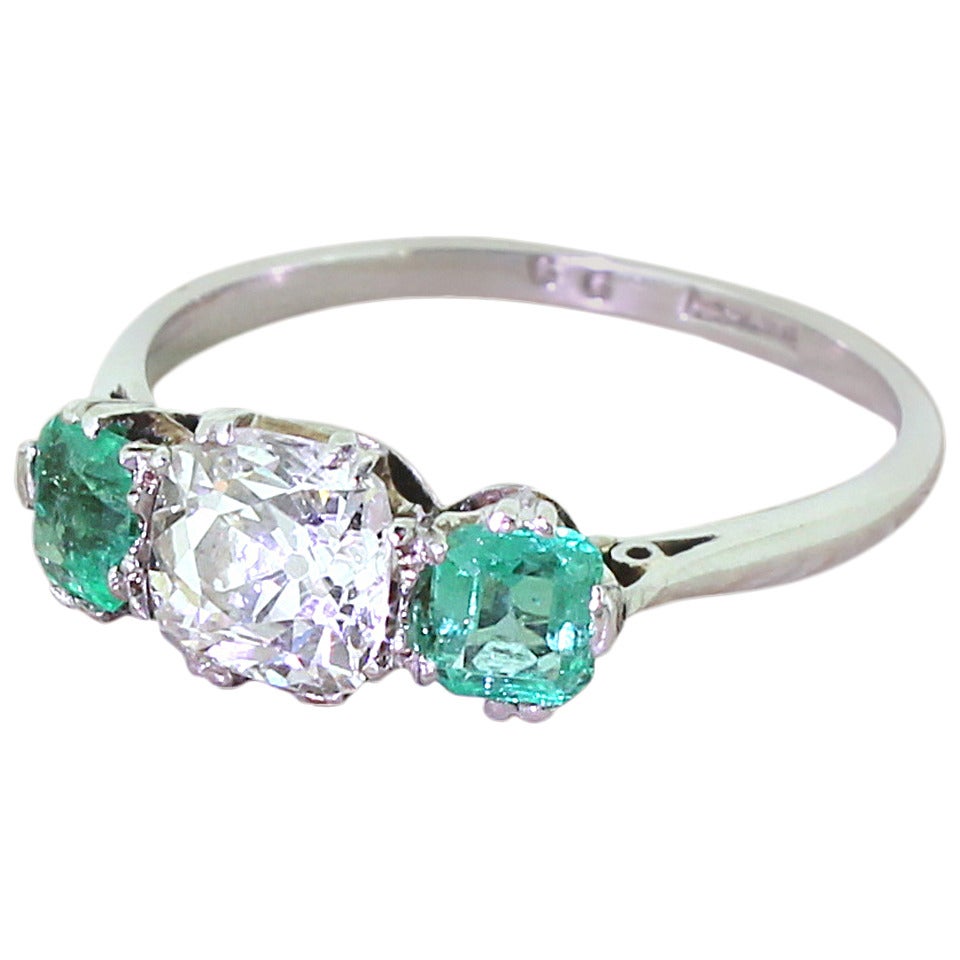 Art Deco Old Cushion Cut Diamond and Step Cut Emerald Trilogy Platinum Ring