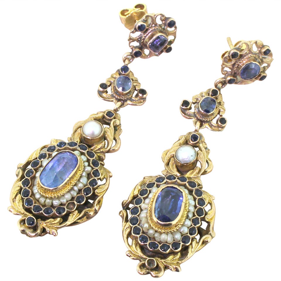 Austro Hungarian Natural Sapphire Pearl Earrings For Sale