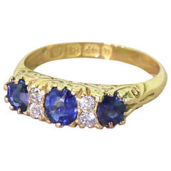 Antique 1876 Victorian Sapphire Diamond Gold Three Stone Ring