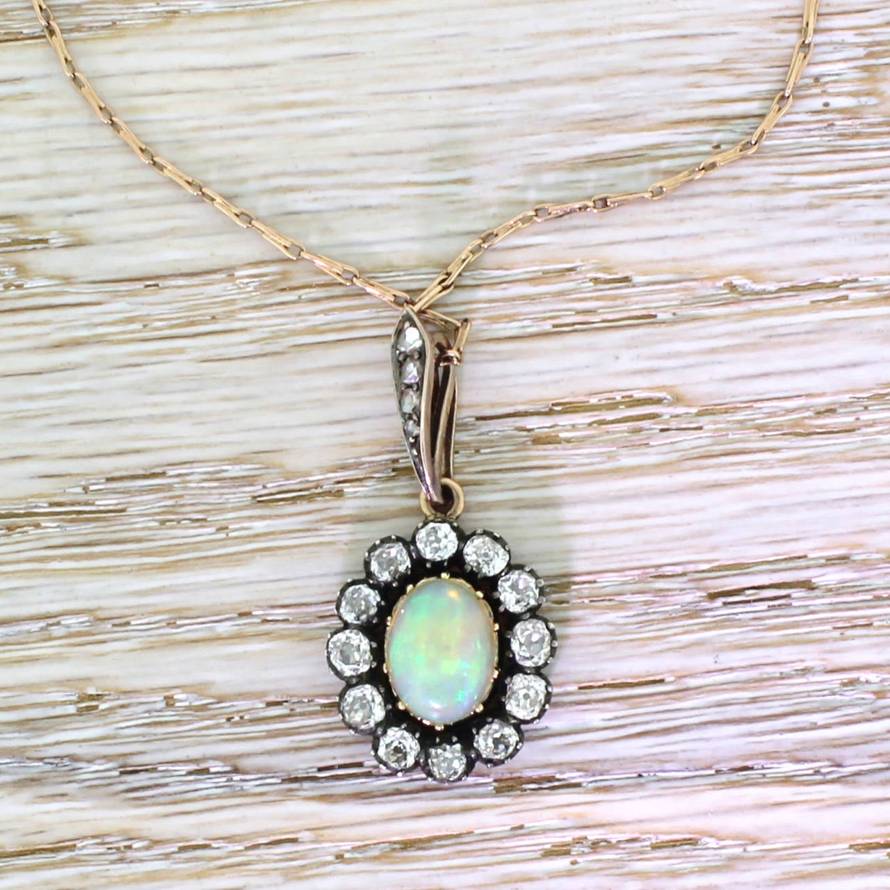 Women's Victorian Opal Old Cut Diamond Silver Cluster Pendant