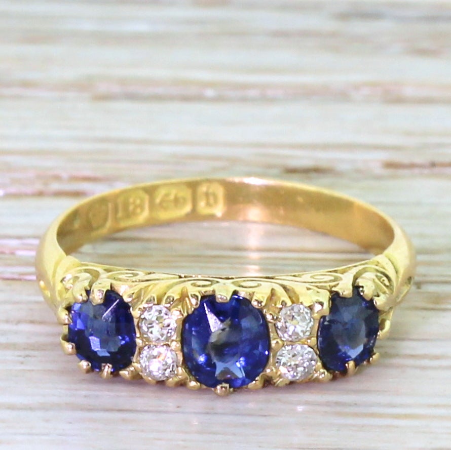 1876 Victorian Sapphire Diamond Gold Three Stone Ring