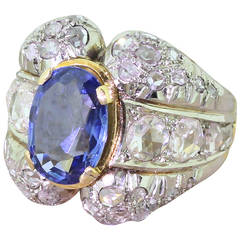 Art Deco 4.07 Carat Natural Sapphire Rose Cut Diamond Gold Cocktail Ring