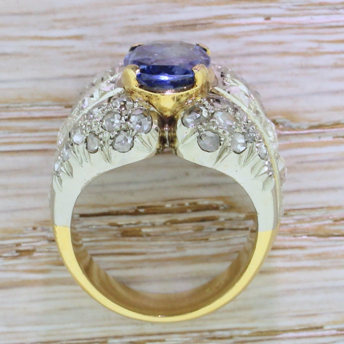 Art Deco 4.07 Carat Natural Sapphire Rose Cut Diamond Gold Cocktail Ring 1