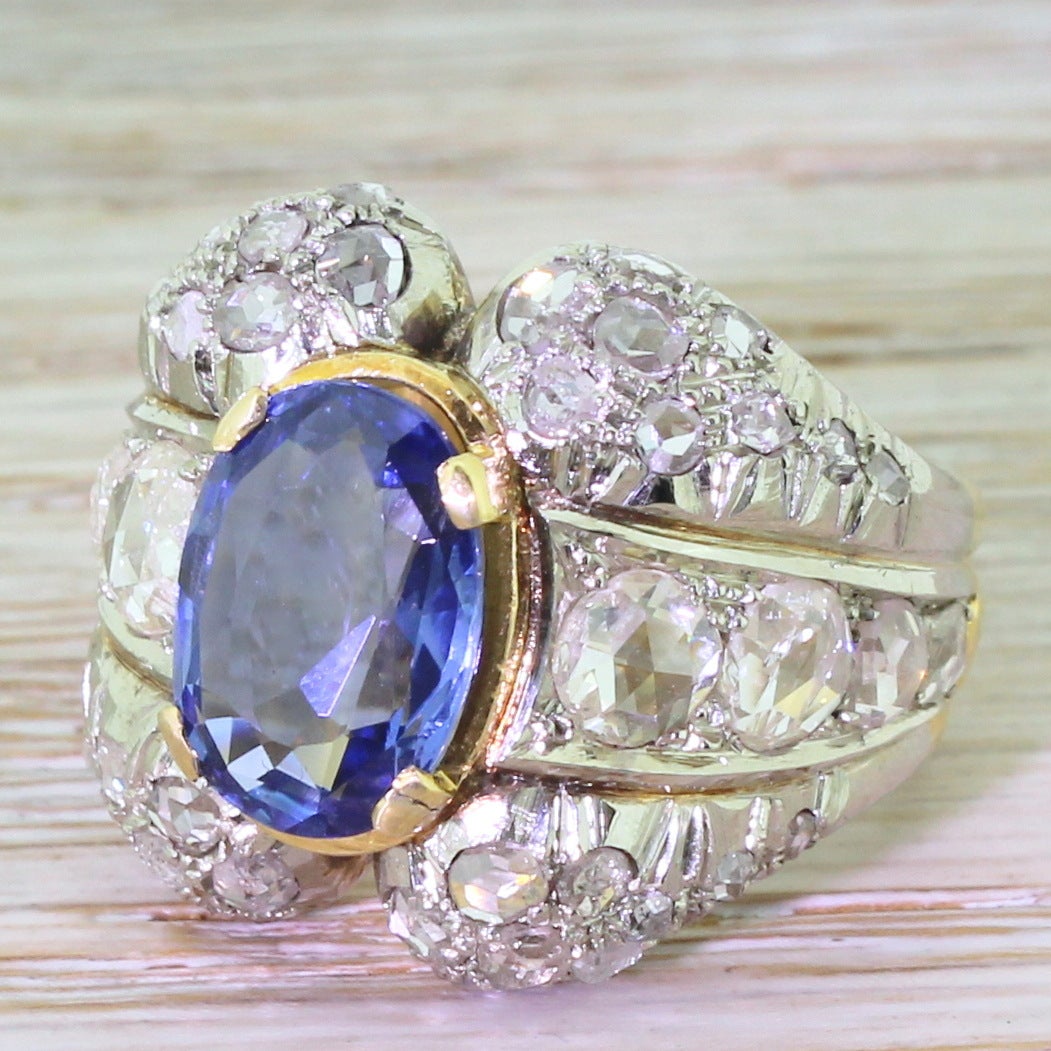 Art Deco 4.07 Carat Natural Sapphire Rose Cut Diamond Gold Cocktail Ring 4