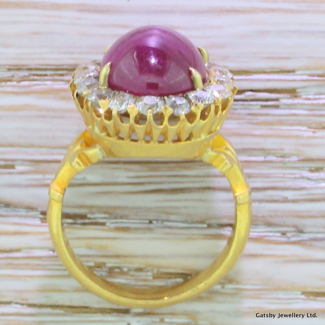 Women's Victorian 10.00 Carat Cabochon Ruby & 1.70 Old Cut Diamond Cluster Ring For Sale