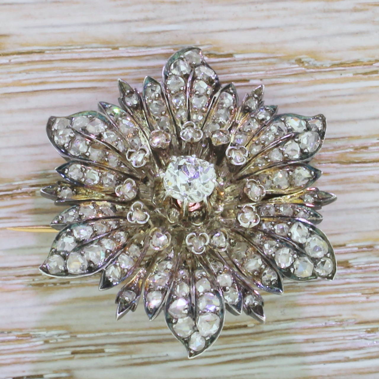 Victorian Old Cut Diamond & Rose Cut Diamond Silver Gold Flower Brooch In Excellent Condition For Sale In Theydon Bois, Essex