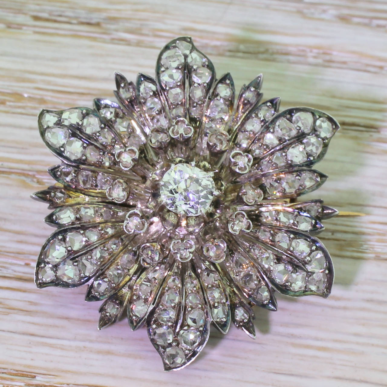 Victorian Old Cut Diamond & Rose Cut Diamond Silver Gold Flower Brooch For Sale 1
