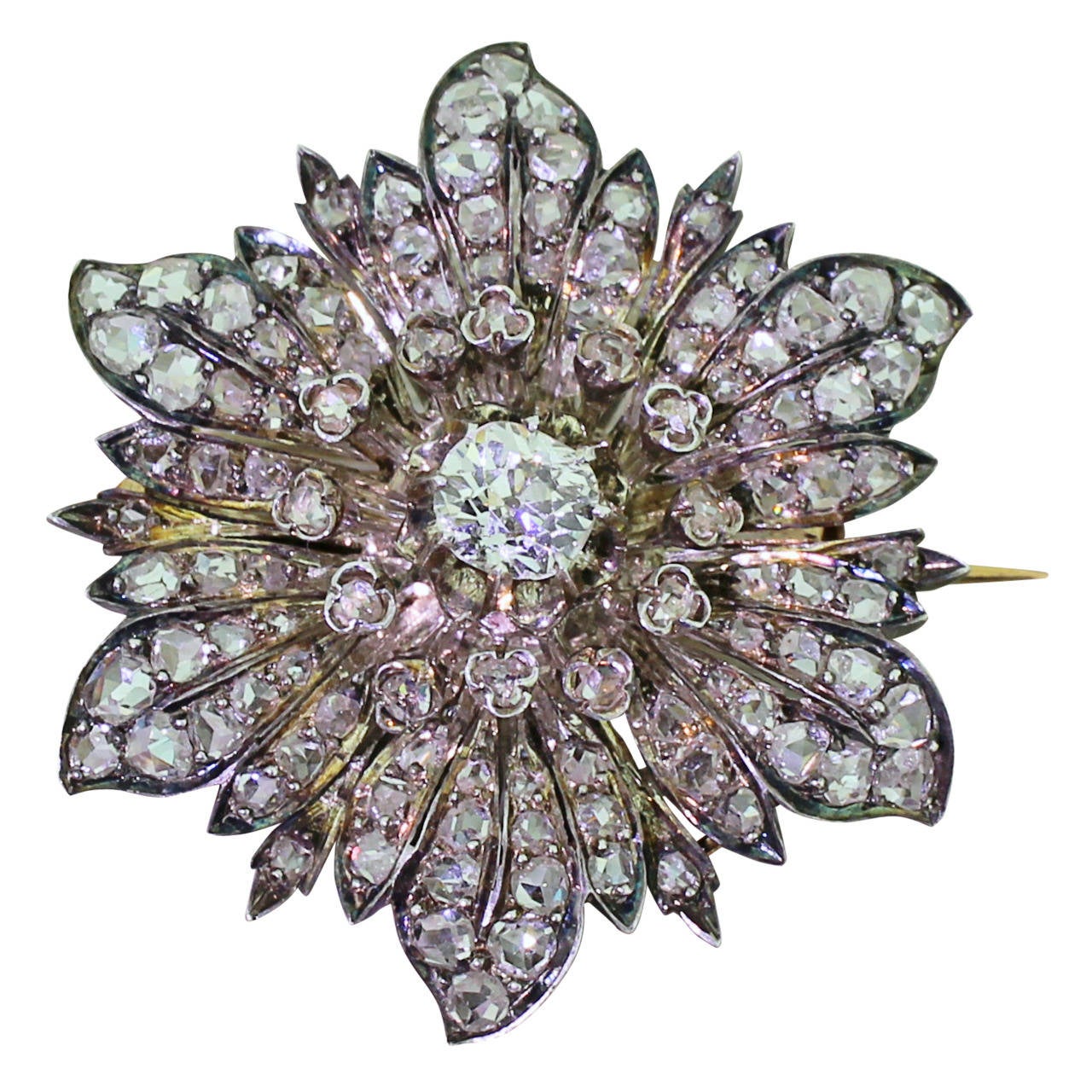 Victorian Old Cut Diamond & Rose Cut Diamond Silver Gold Flower Brooch For Sale
