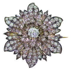 Victorian Old Cut Diamond & Rose Cut Diamond Silver Gold Flower Brooch