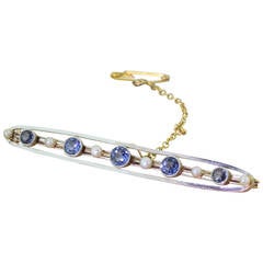 Art Deco Pearl Sapphire Gold Platinum Bar Brooch
