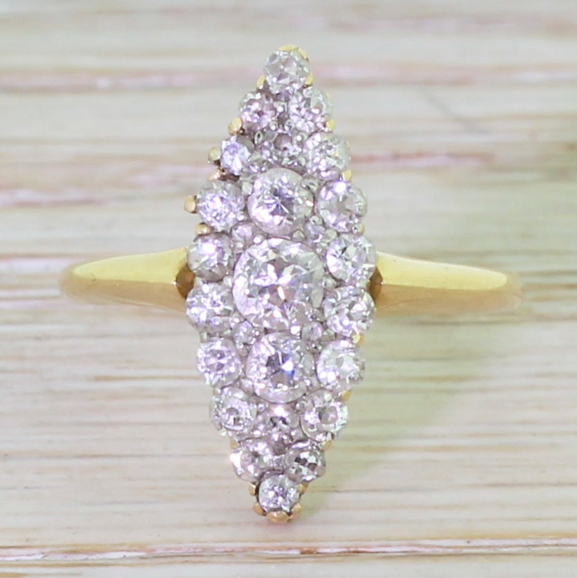 Victorian 1.00 Carat Old Cut Diamond Gold Navette Cluster Ring