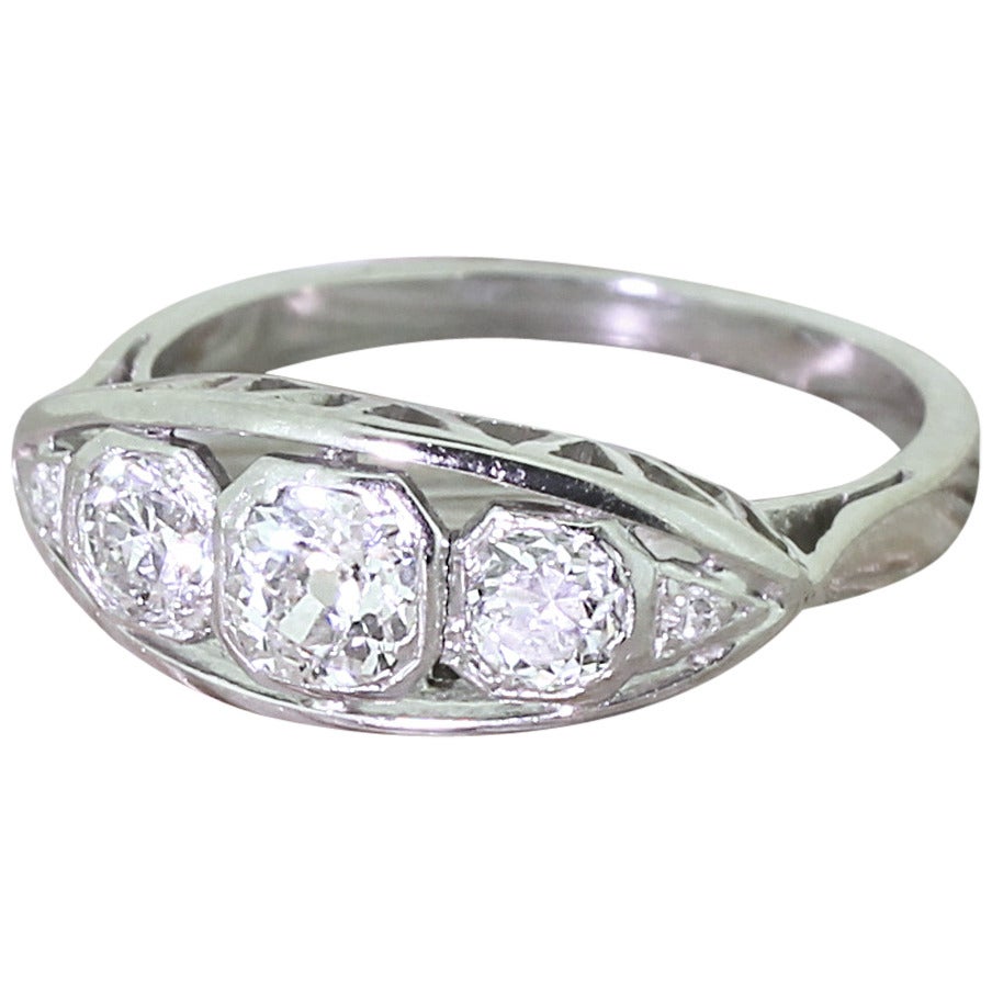 Art Deco 1.05 Carat Old Cut Diamond Trilogy Gold Platinum Engagement Ring