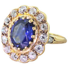 Victorian 2.00 Carat Sapphire Old Cut Diamond Gold Cluster Ring