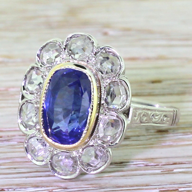 Art Deco Sapphire & Rose Cut Diamond Gold Cluster Ring For Sale 2